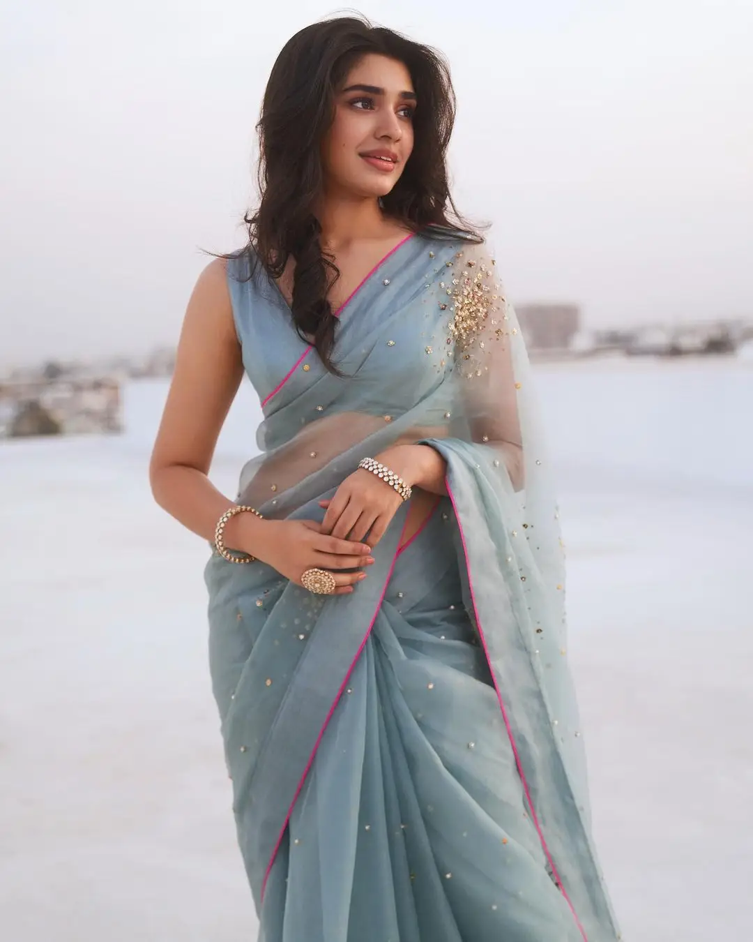 Kollywood Actress Krithi Shetty In Sleeveless Blue Saree